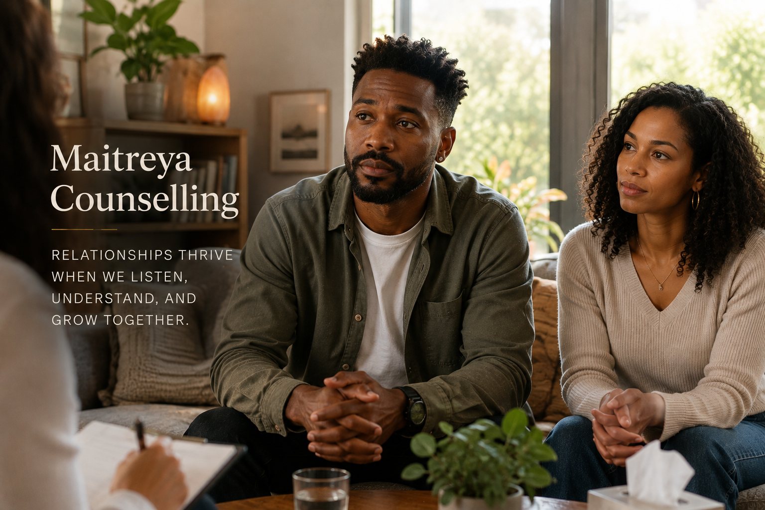 A couple sit together on a sofa in a warm, plant-filled room, listening to a counsellor whose back is to us. Set beside them are the words: Maitreya Counselling — relationships thrive when we listen, understand, and grow together.