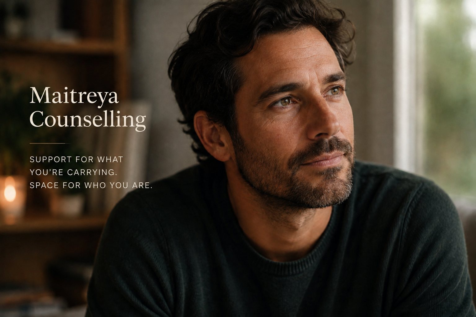 A man sits in a quiet room beside a window, looking out, a candle and bookshelf behind him. Set beside him are the words: Maitreya Counselling — support for what you're carrying, space for who you are.