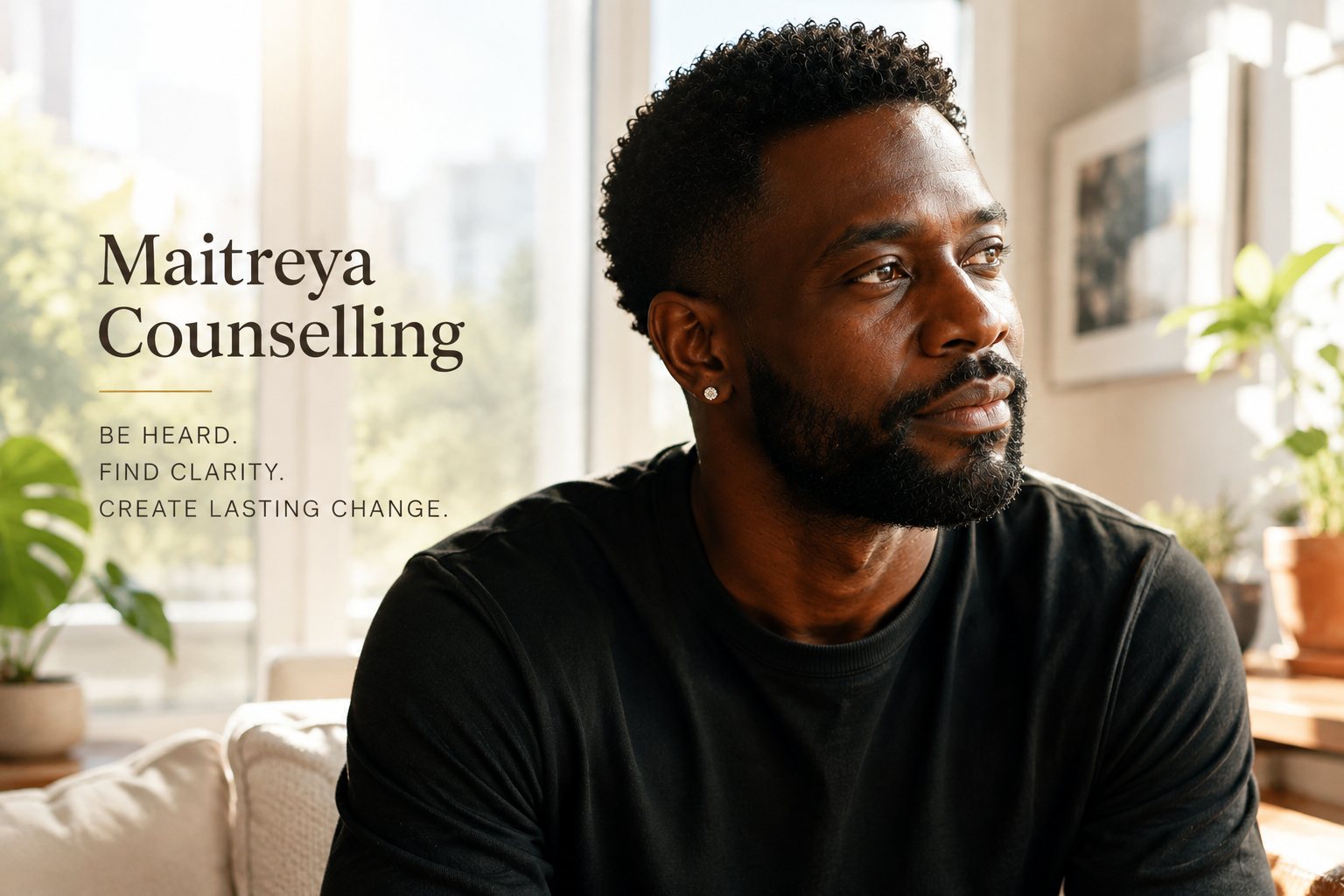 A man sits in a bright, plant-filled room by a wide window, looking out with a settled expression. Set beside him are the words: Maitreya Counselling — be heard, find clarity, create lasting change.