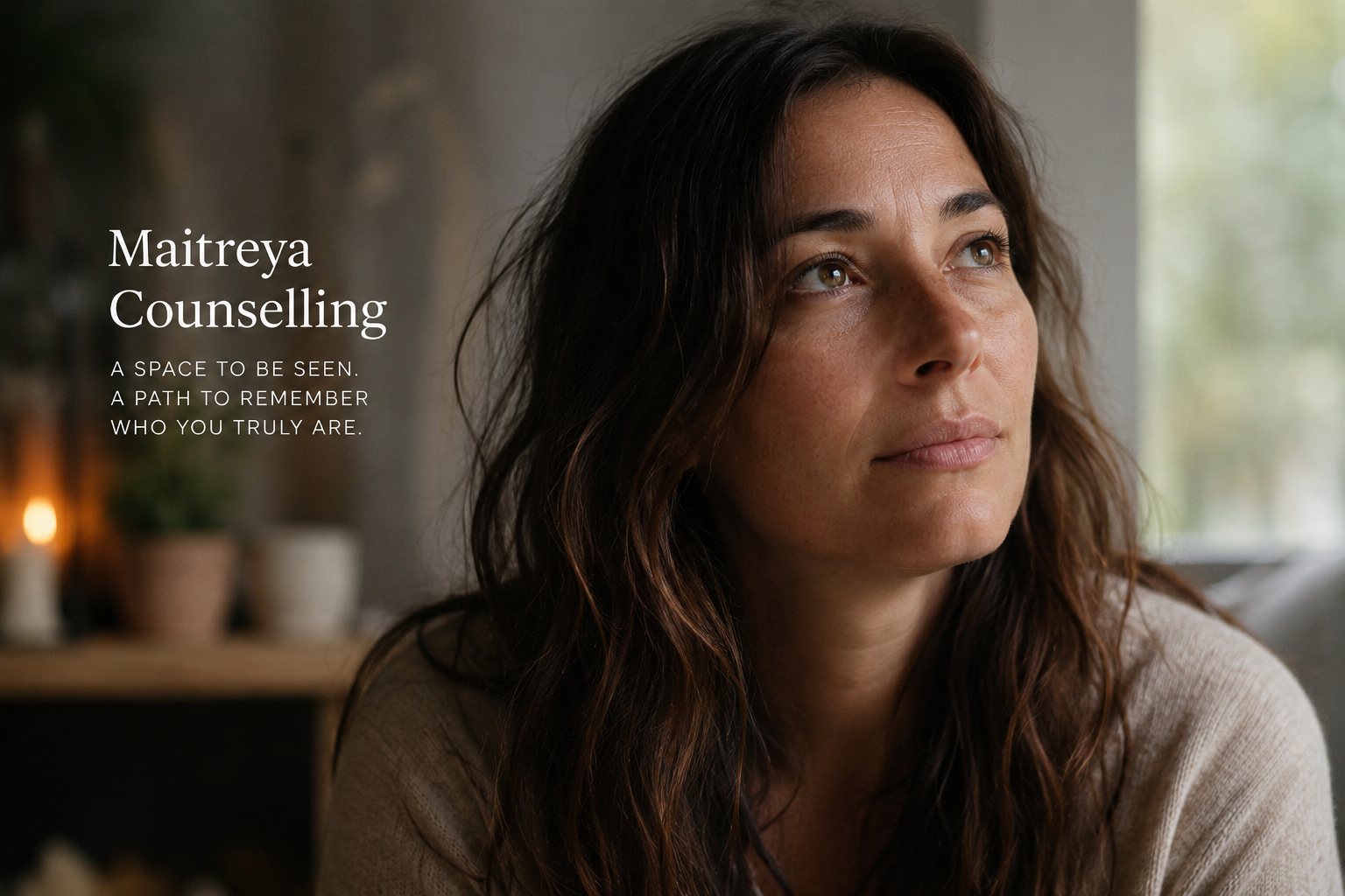 A woman sits in a quiet room by a window, looking out with a candle and plants behind her. Set beside her are the words: Maitreya Counselling — a space to be seen, a path to remember who you truly are.