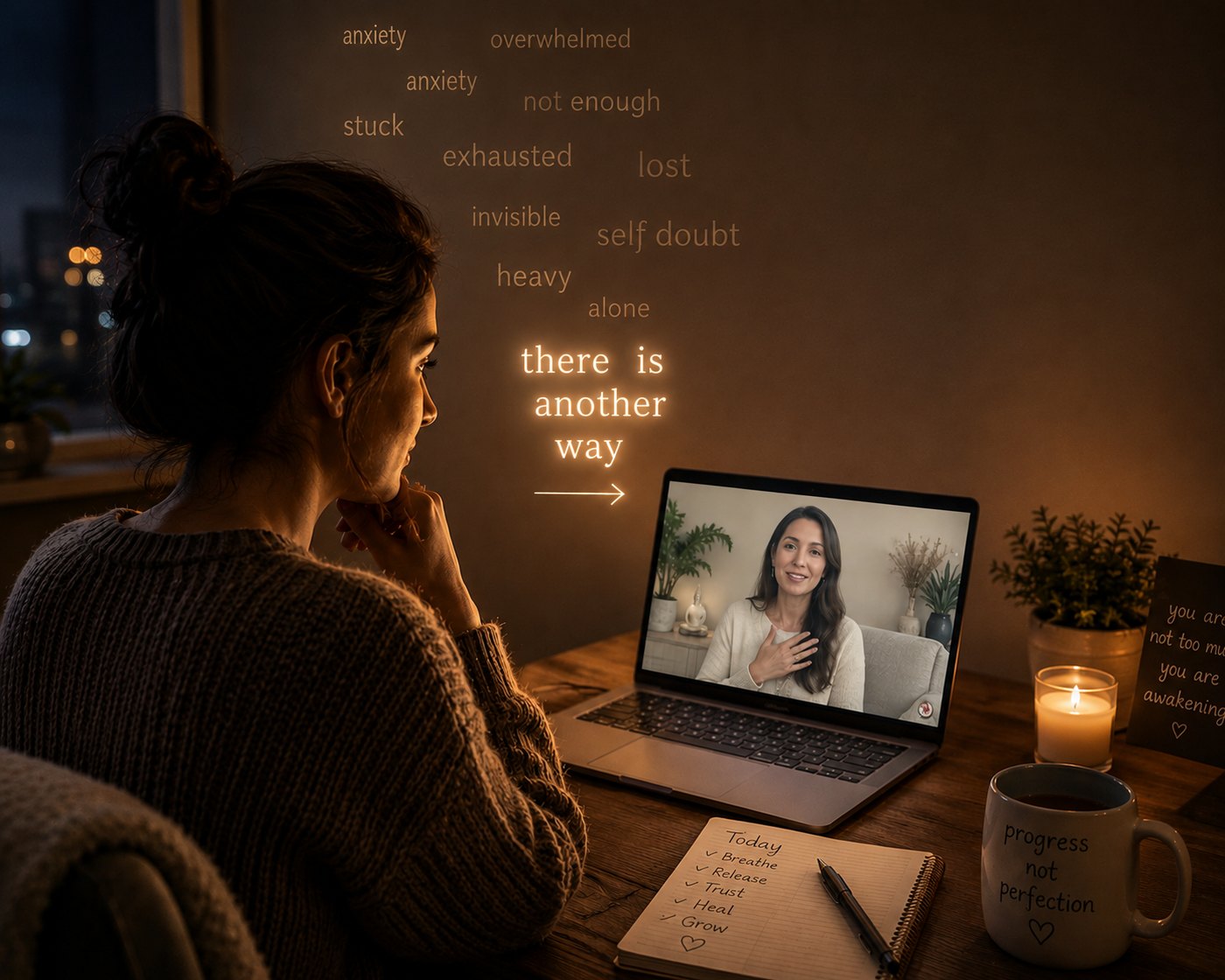 A woman sits at a desk at home in the evening, talking with a counsellor on her laptop screen. Above her hang the words anxiety, overwhelmed, stuck, exhausted, lost, invisible, self doubt, heavy and alone. Beneath them, glowing more brightly, are the words: there is another way.